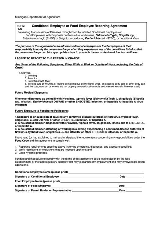 Form 1-B - Conditional Employee Or Food Employee Reporting Agreement Printable pdf