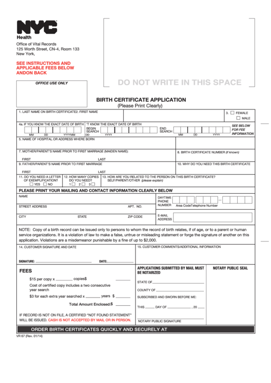 Fillable Form Vr 67 - Birth Certificate Application - New York Office Of Vital Records Printable pdf