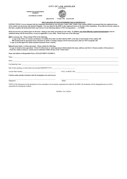 Form Tsgi0032 - Declaration Of Non-Ownership (Or Lease/rental) Printable pdf