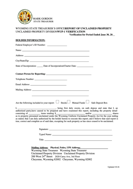 Form Wup-1 - Report Of Unclaimed Property Wup-1 Verification