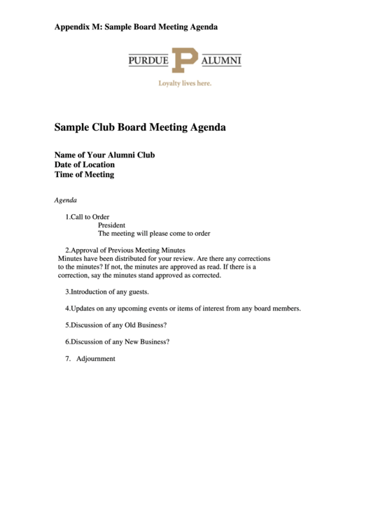 Sample Club Board Meeting Agenda Template Printable pdf