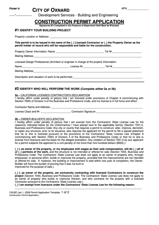 Construction Permit Application - City Of Oxnard Development Services Printable pdf