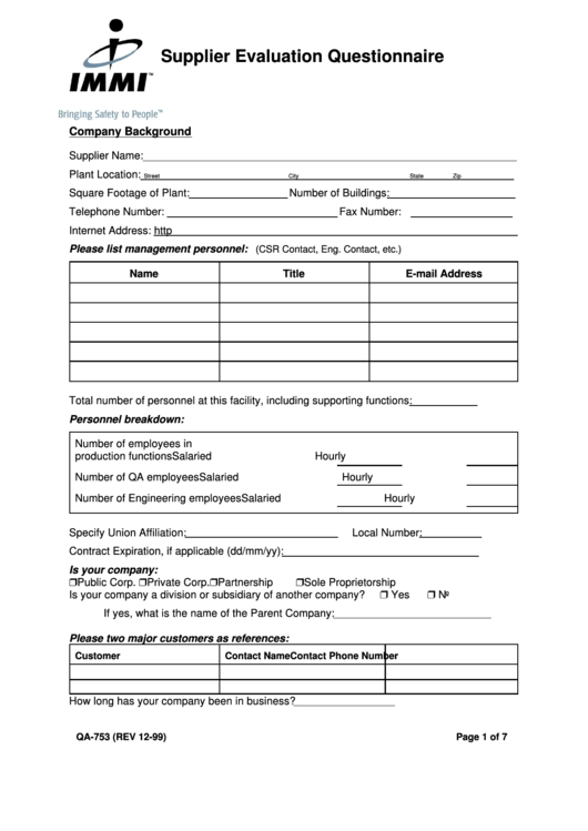 Supplier Evaluation Questionnaire Template Printable pdf