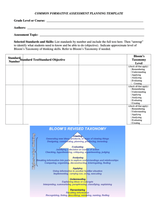 Common Formative Assessment Planning Template Printable pdf