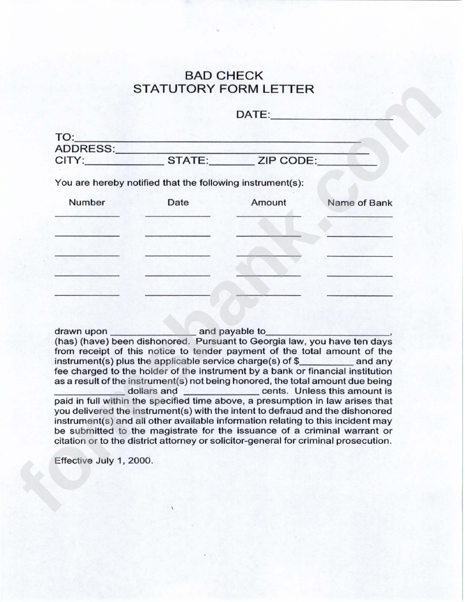 Bad Check Statutory Form Letter Template