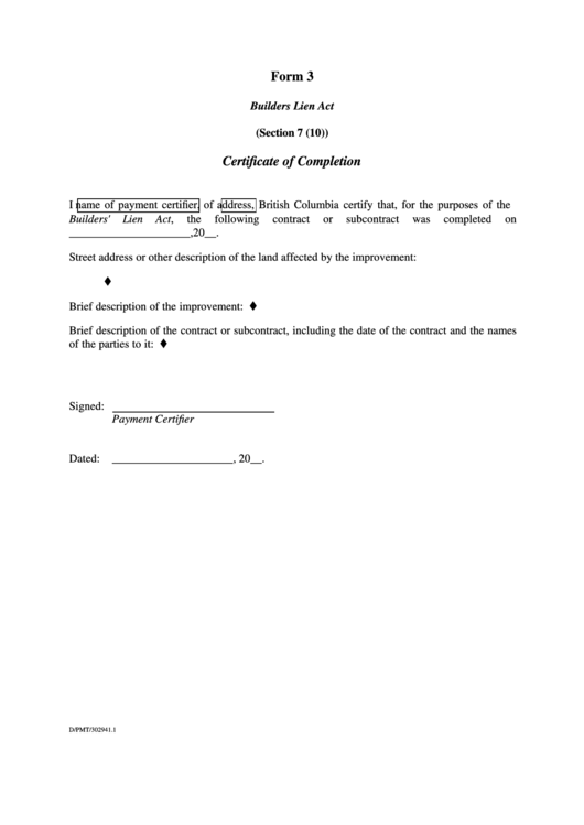 Form 3 - Certificate Of Completion Template Printable pdf