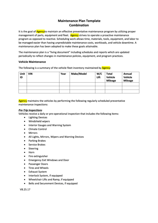 Maintenance Plan Template Printable pdf