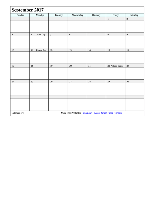 September 2017 Calendar Template Printable pdf