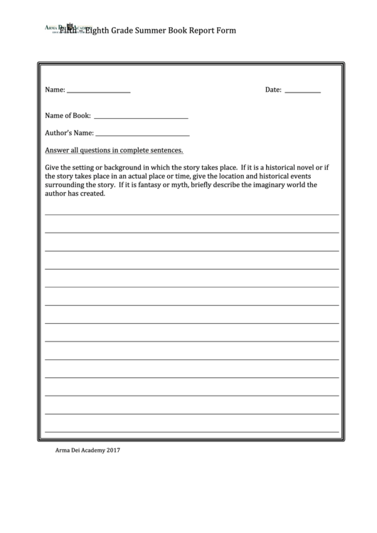 Fifth - Eighth Grade Summer Book Report Form Printable pdf