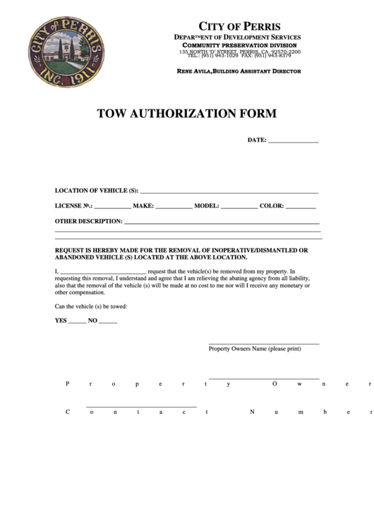 Fillable Tow Authorization Form - City Of Perris Department Of Development Services Printable pdf