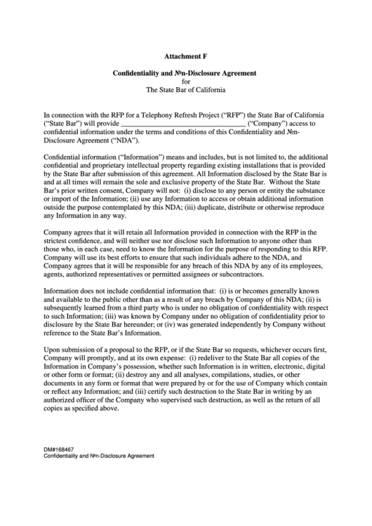 Attachment F Confidentiality And NonDisclosure Agreement For The State Bar Of California