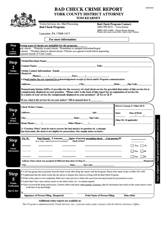 Bad Check Crime Report Template - York County District Attorney Printable pdf