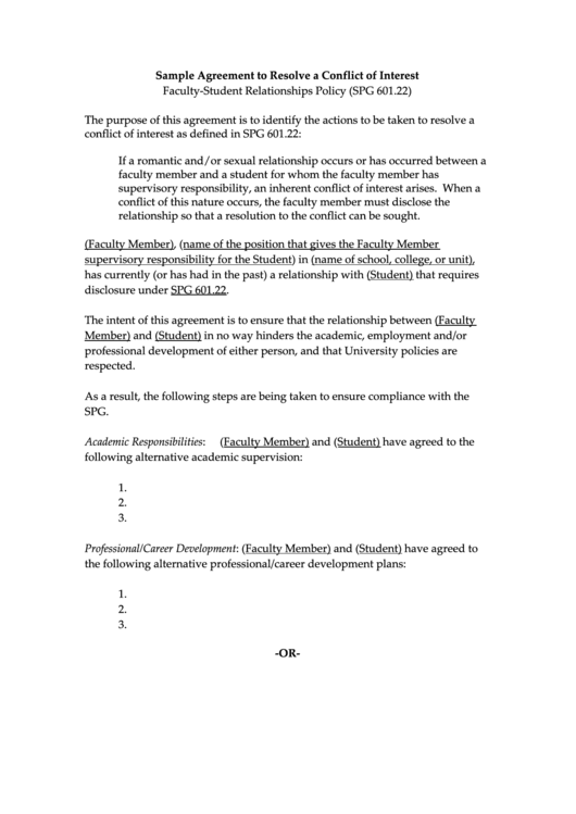 Sample Agreement To Resolve A Conflict Of Interest Template Printable pdf