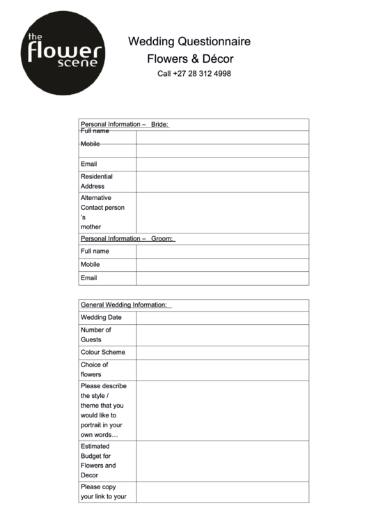 Flowers & Decor Wedding Questionnaire Template Printable pdf