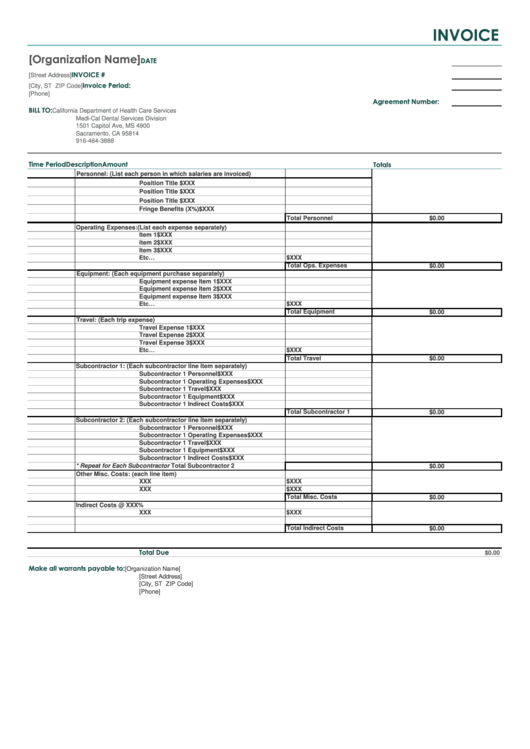 Invoice Template - California Department Of Health Care Services Printable pdf
