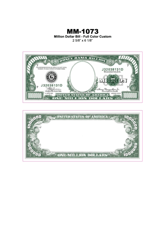 Million Dollar Bill Full Color Custom Template printable pdf download