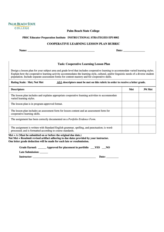 Cooperative Learning Lesson Plan Template Printable pdf