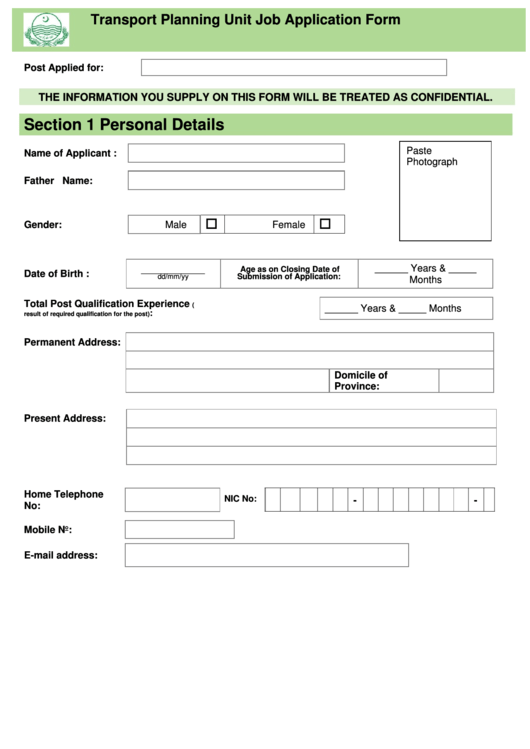 Transport Planning Unit Job Application Form Printable pdf