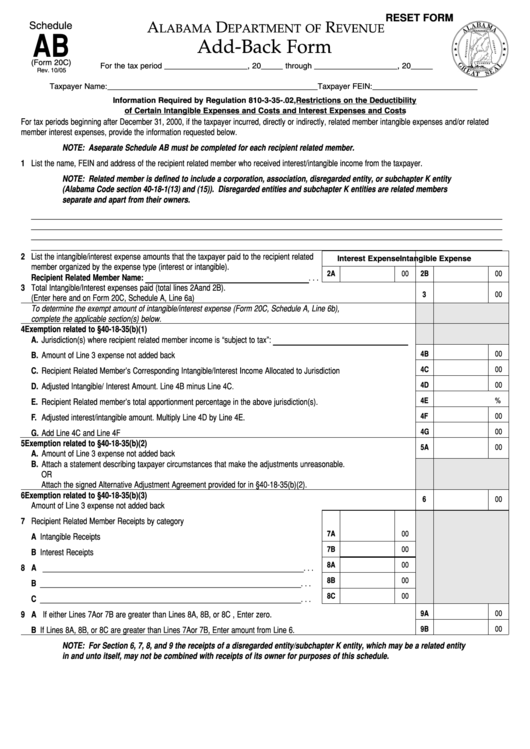 Form 20c - Schedule Ab - Add-Back Form With Instructions - 2005 Printable pdf