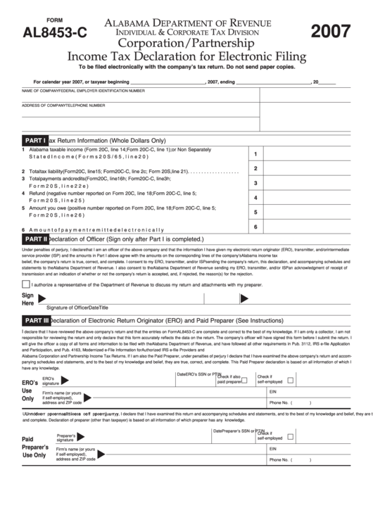 Form Al8453-C - Corporation/partnership Income Tax Declaration For Electronic Filing - 2007 Printable pdf