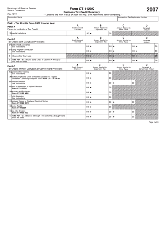 Form Ct-1120k - Business Tax Credit Summary - 2007 Printable pdf