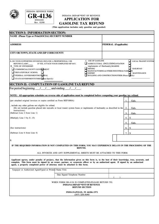 Form Gr-4136 - Application For Gasoline Tax Refund - 2000 Printable pdf