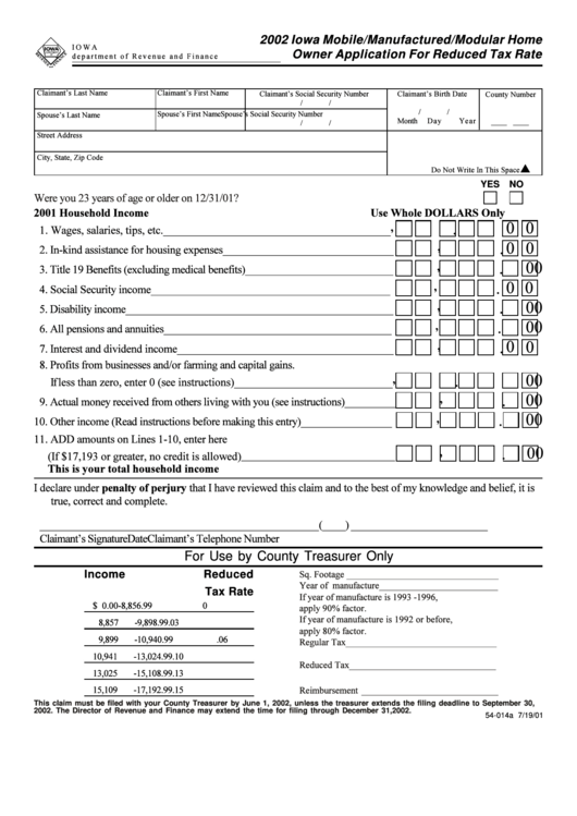 Iowa Mobile/manufactured/modular Home Owner Application For Reduced Tax Rate - 2002 Printable pdf