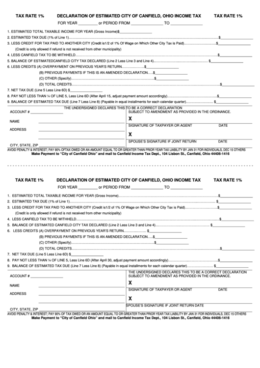 Fillable Declaration Of Estimated - City Of Canfield, Ohio Income Tax Printable pdf