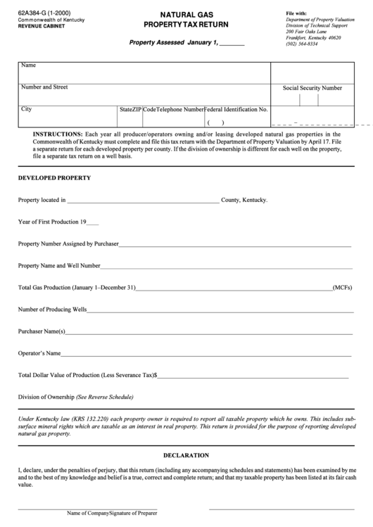 Form 62a384-G - Natural Gas Property Tax Return - 2000 Printable pdf