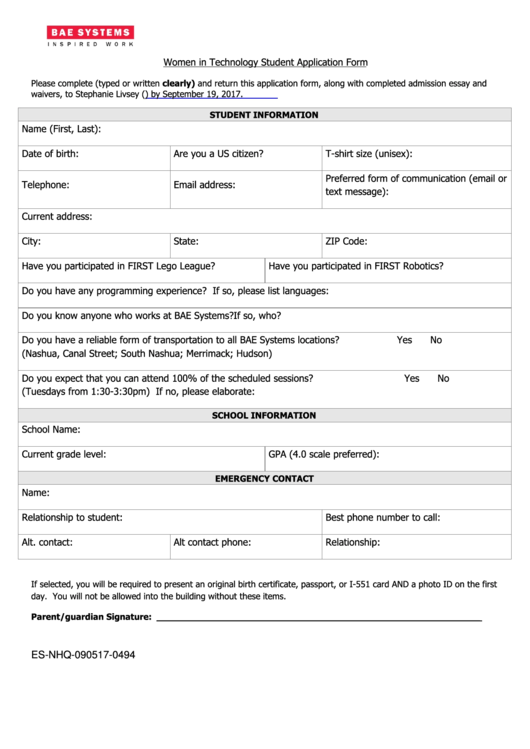 Form Es-Nhq-090517-0494 - Women In Technology Student Application Form Printable pdf