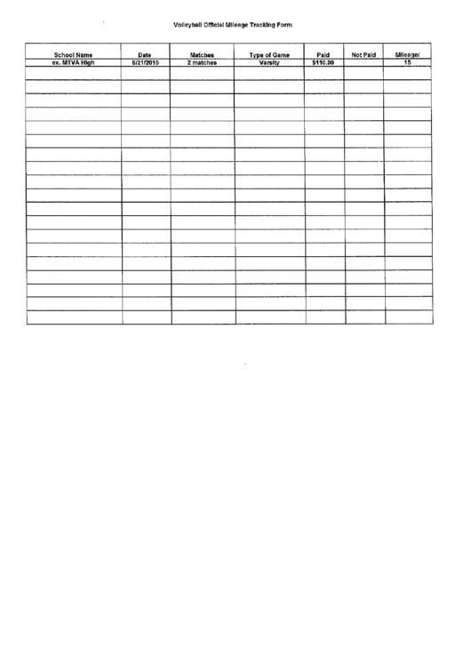 Volleyball Official Mileage Tracking Form Printable pdf