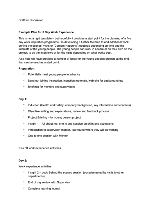 Draft For Discussion - Example Plan For 5 Day Work Experience