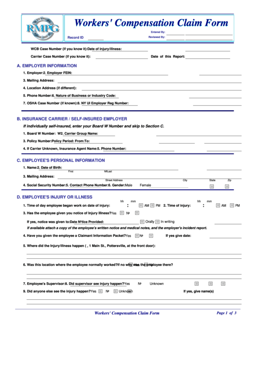 Workers Compensation Claim Form Printable pdf