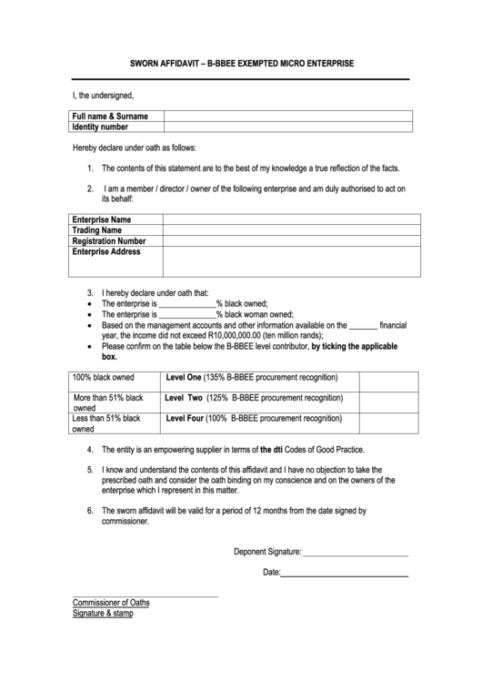 Sworn Affidavit - B-Bbee Exempted Micro Enterprise Form Printable pdf