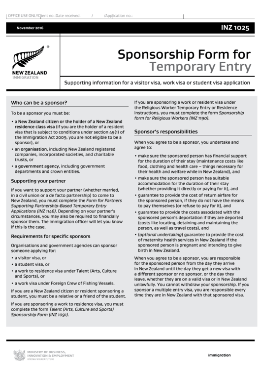 Sponsorship Form For Temporary Entry - New Zeland Immigration Printable pdf