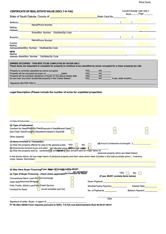 Form Pt 56 - Certificate Of Real Estate Value - 2005 Printable pdf