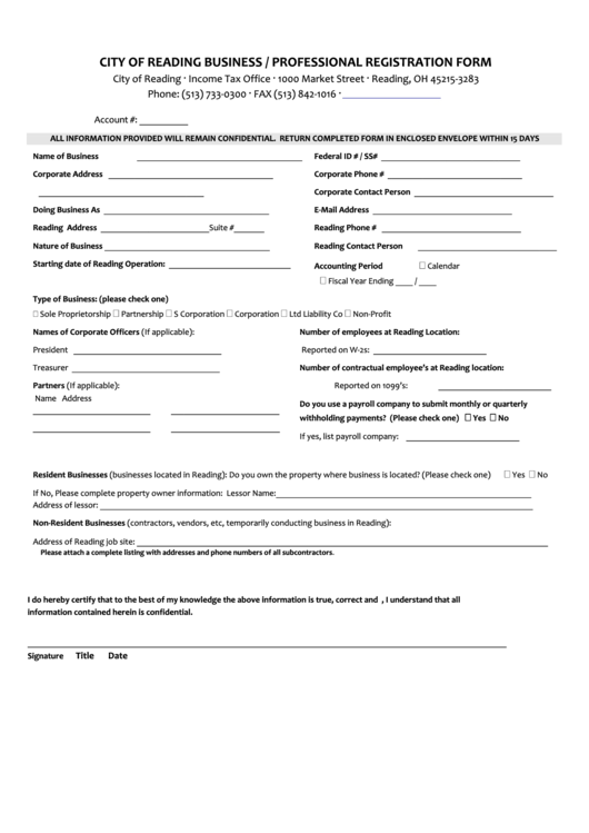 City Of Reading Business / Professional Registration Form Printable pdf