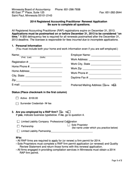 Fillable 2014 Registered Accounting Practitioner Renewal Application - Minnesota Board Of Accountancy Printable pdf