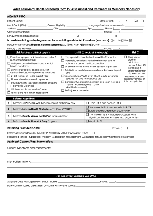 Fillable Adult Behavioral Health Screening Form For Assessment And Treatment As Medically Necessary Printable pdf