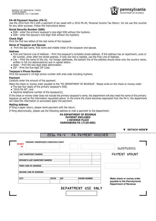 Fillable Form Pa-V - Pennsylvania Payment Voucher - 2016 Printable pdf