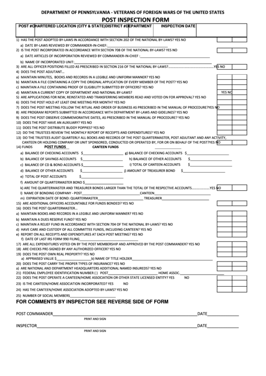Post Inspection Form - Veterans Of Foreign Wars Of The United States Printable pdf
