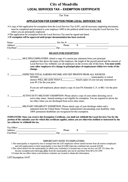 Fillable Application For Exemption From Local Services Tax - City Of Meadville Printable pdf