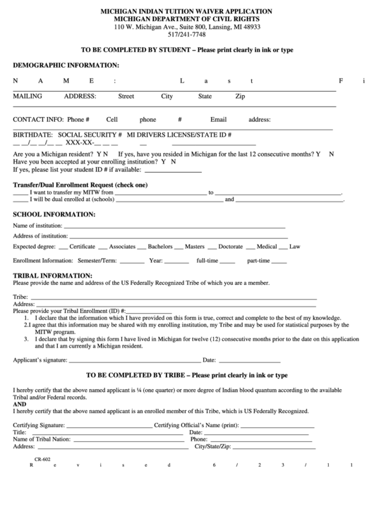 Form Cr-602 - Michigan Indian Tuition Waiver Application Printable pdf