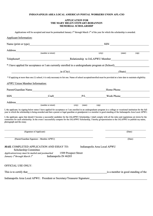 Fillable Application For The Mary Helen Stewart-Bohannon Memorial Scholarship Printable pdf