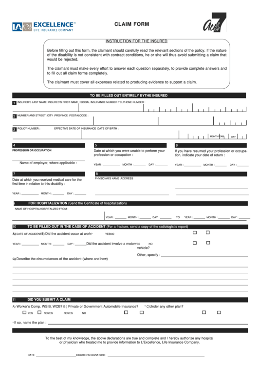 Insurance Claim Form - Outside Of Quebec - 2012 Printable pdf