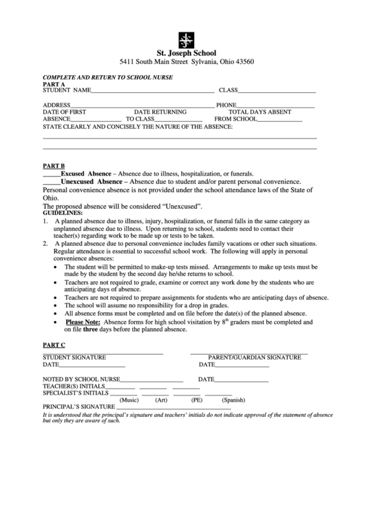 Fillable School Absence Form Printable pdf