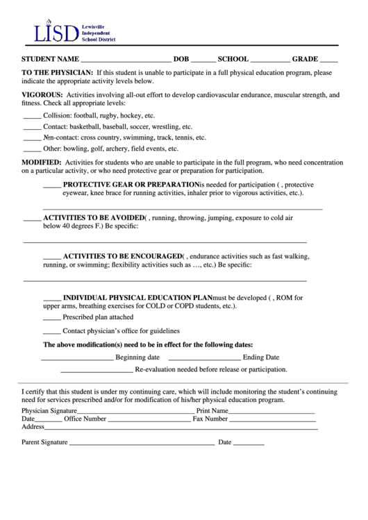 Physicians Recommendation For Pe Or Sports Participation Printable pdf