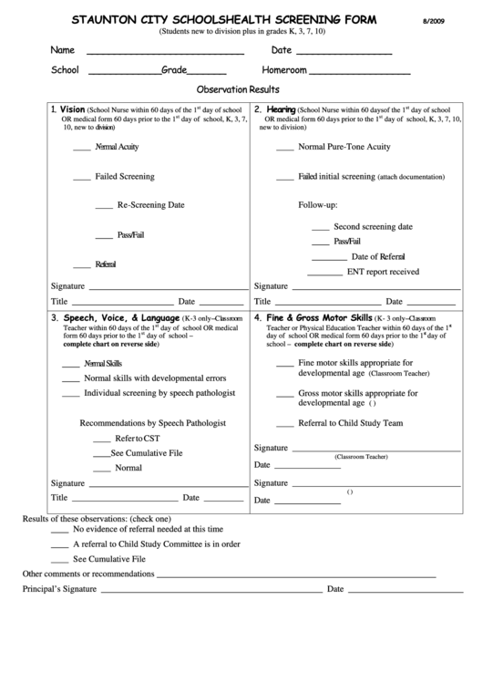 Fillable Staunton City Schools Health Screening Form Printable pdf