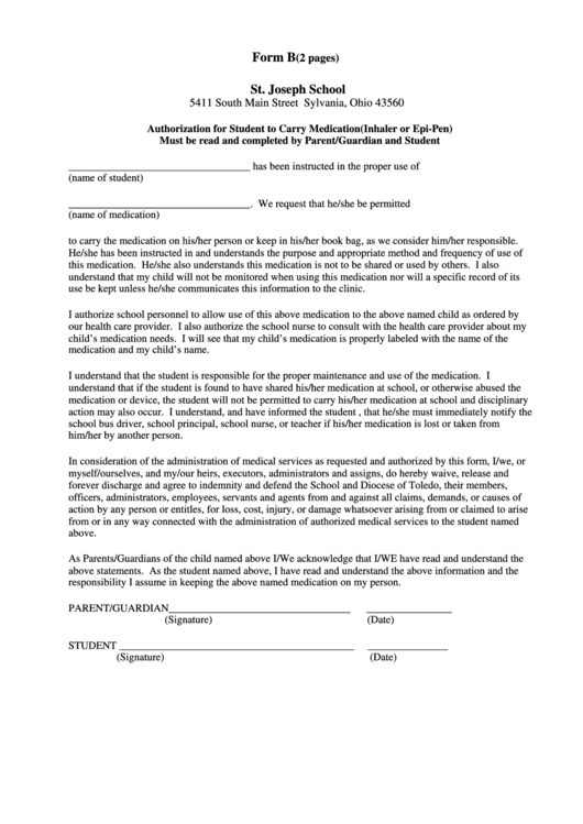 Authorization For Student To Carry Medication(Inhaler Or Epi-Pen) Printable pdf