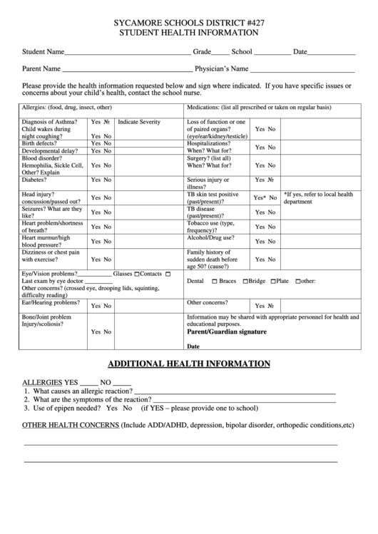 Yearly Student Health Information Form Printable pdf